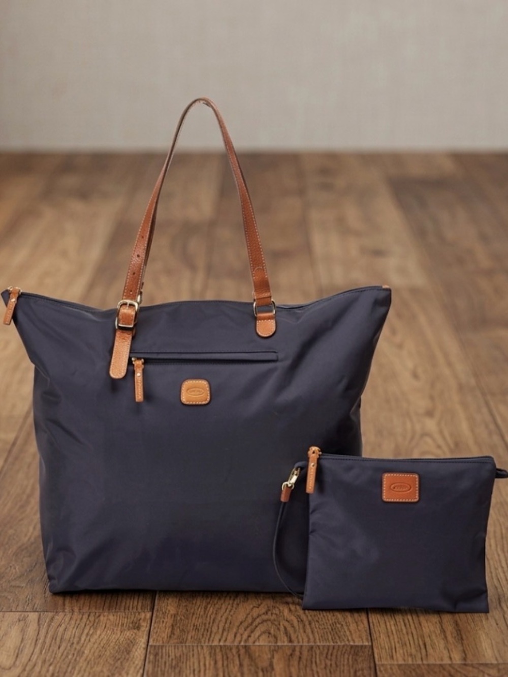 Bric’s women’s Tote bag set Satchel navy blue nylon & brown leather shoulder bag